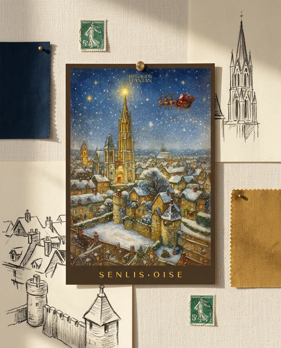 Affiche Senlis, Noël sur les Toits de Regards d'Antan, carte postale punaisée sur un moodboard en lin crème, parmi des timbres anciens