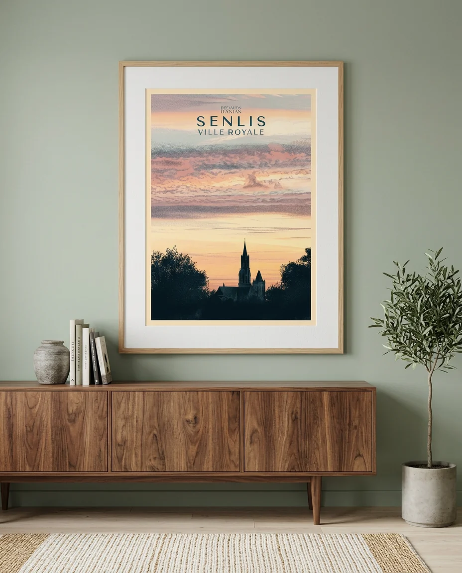 Affiche Senlis, Coucher de Soleil de Regards d'Antan, encadrée en chêne clair sur un mur vert sauge