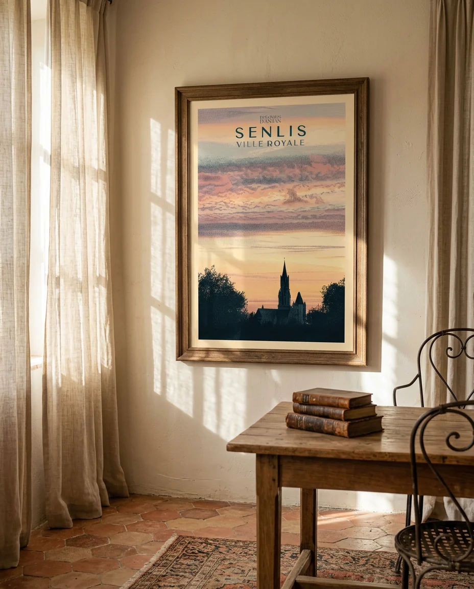 Affiche Senlis, Coucher de Soleil de Regards d'Antan, encadrée sur un mur de plâtre crème, tomettes au sol