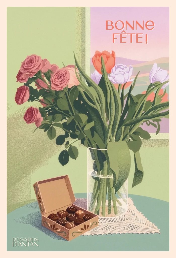 Affiche Bonne fête de Regards d'Antan : bouquet de tulipes et boîte de chocolats sur une nappe claire, illustration au style rétro