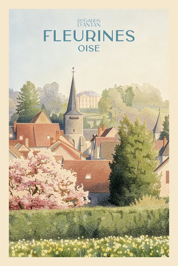 Affiche Fleurines, Oise de Regards d'Antan : toits du village de Fleurines au printemps, cerisiers en fleur, illustration au style rétro