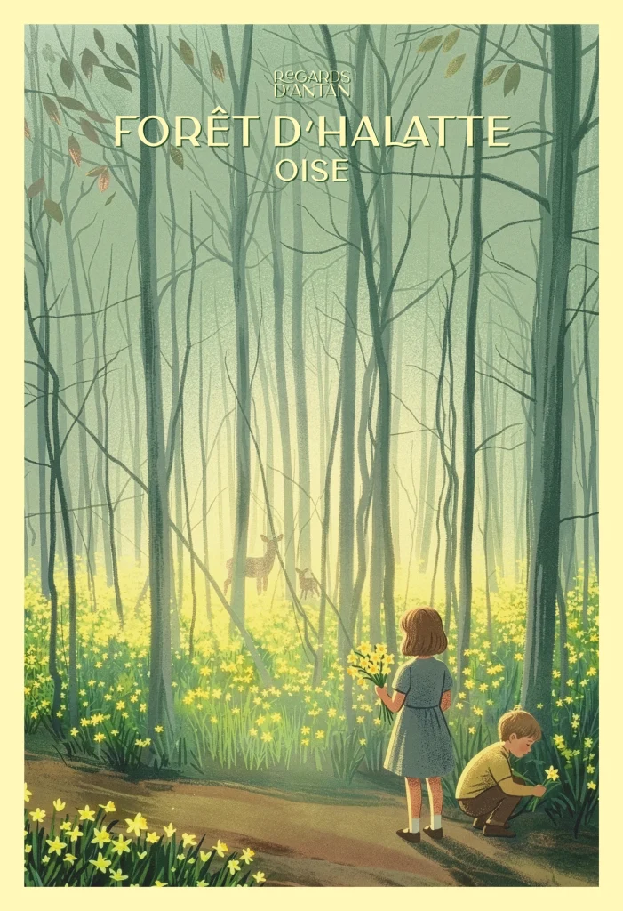 Affiche Forêt d'Halatte, les jonquilles de Regards d'Antan : promeneuse sur un sentier de la forêt d'Halatte au printemps, tapis de jonquilles, illustration au style rétro