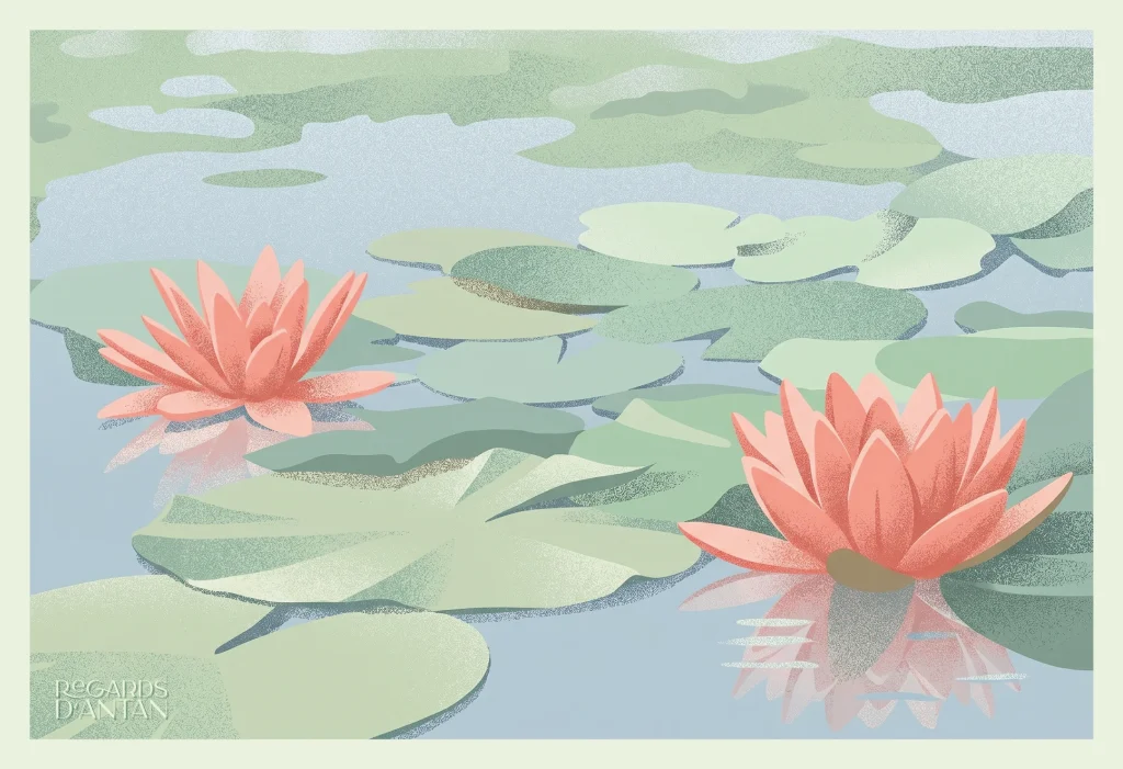 Affiche Les Nénuphars de Regards d'Antan : nénuphars roses en fleur sur un bassin, illustration au style rétro