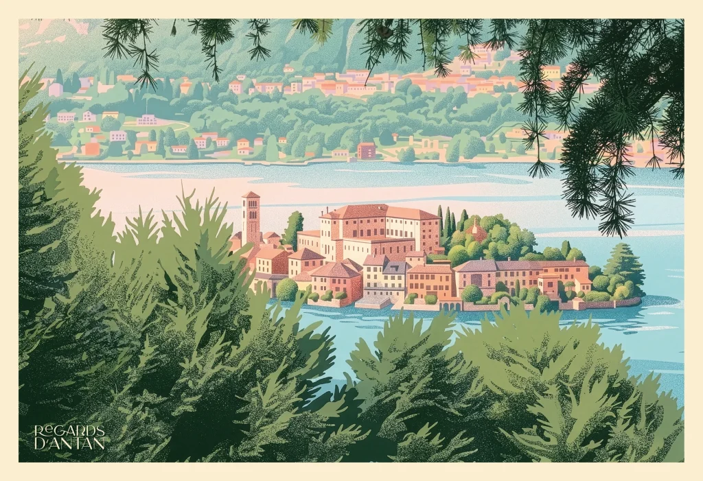 Affiche Orta San Giulio, Italie de Regards d'Antan : ruelle et rives du lac d'Orta en Italie, illustration au style rétro