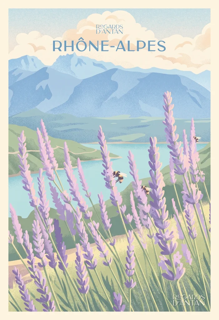 Affiche Rhône-Alpes de Regards d'Antan : champ de lavande en fleur devant un lac et les massifs alpins, illustration au style rétro